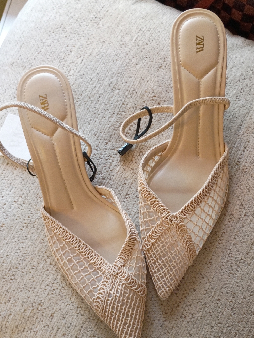 Zara Beige Woven Pointed-Toe Mules with Ankle Tie